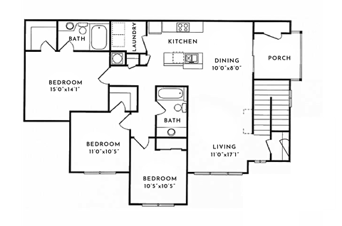 Floor plan for 3 beds, 2 baths, 1525 sqft